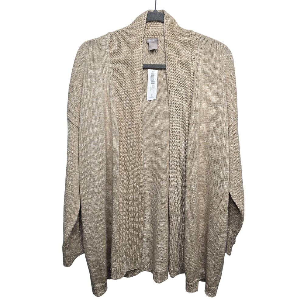 Chico's Metallic Beige Open Front Cardigan Sweater Size 4 XXL Shawl Collar NWT‎